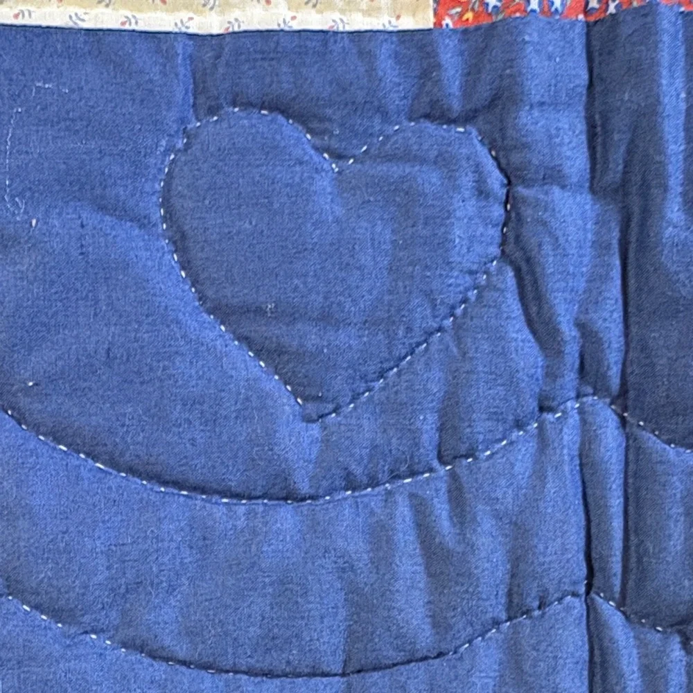 Handmade Vintage Sampler‎ Quilt Blue Border Hearts Fan Pinwheel Americana Decor